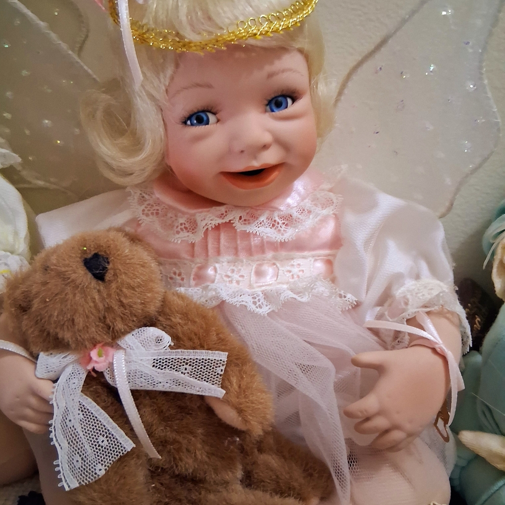 Angel Doll with Teddy Bear and Lace Dress